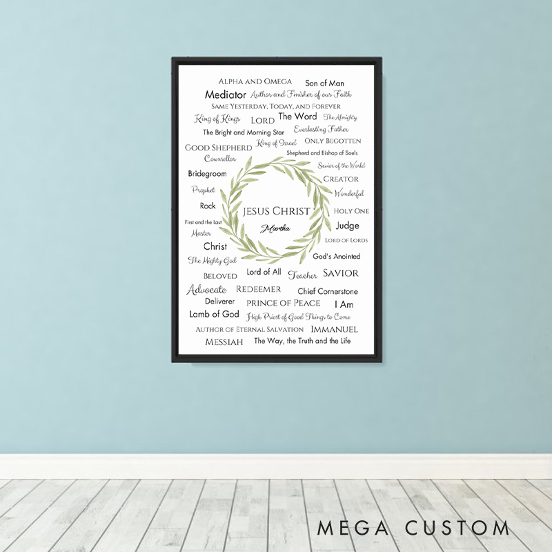 Personalized Jesus Christ Bible Names of God Frameless Poster with Custom Name Names of Jesus Wall Decor Religious Gift for Christians