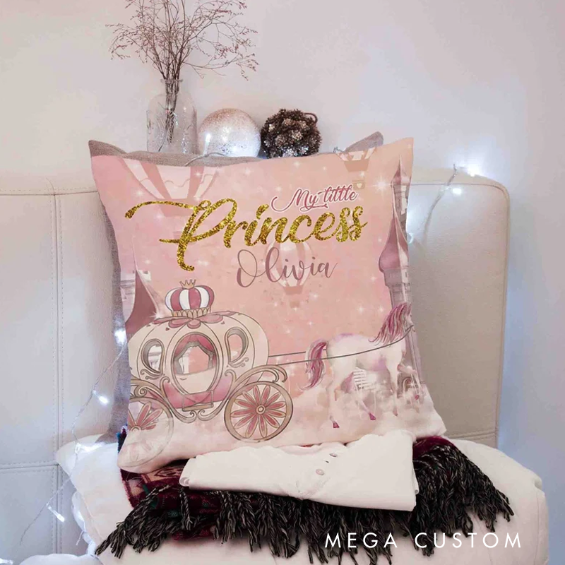 Personalized Little Princess Cushion Royal Carriage Pillow Girl Nursery Decor Pink Castle Baby Shower Gift for Kids