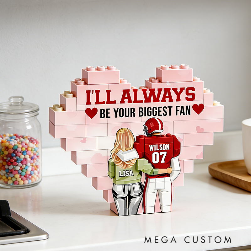 Personalized Football Couples Heart "Biggest Fan" Building Blocks with Custom Names and Number Valentine's Day Gift