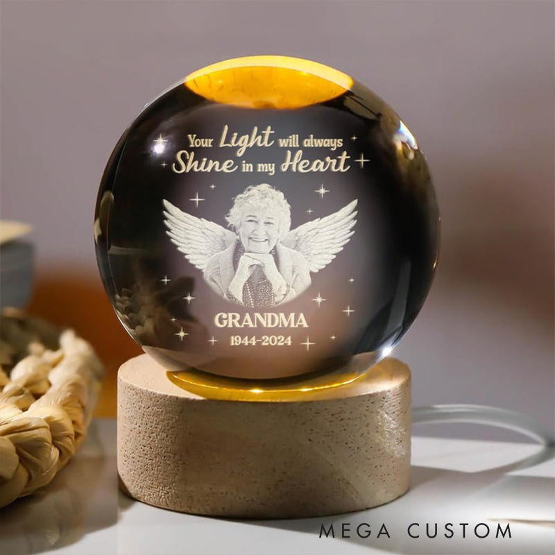 Personalized Wooden Base Crystal Lamp Your Light Will Always Shine In My Heart Memorial Crystal Ball Lamp Sympathy Gift