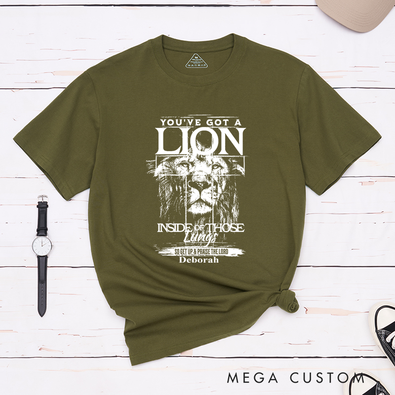 Personalized Lion Imagery Cotton Bible Verse Classic T-Shirt with Custom Name Christians Gift Birthday Gift Christian Apparel Gift for Jesus Lover 