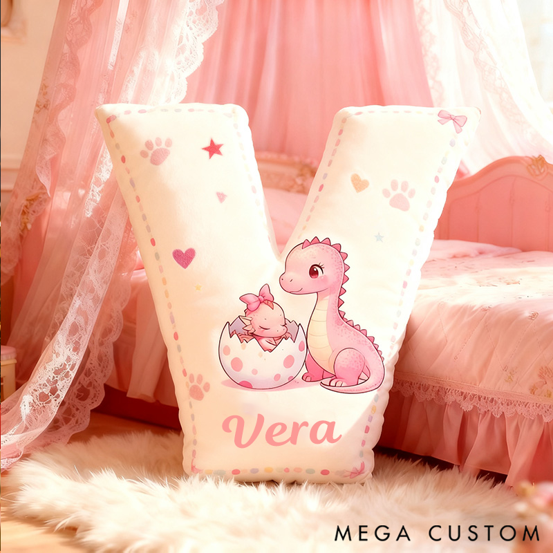 Personalized Graphic 3D 26 Letters Pink Dinosaur Family Pillow Special Family Gift with Custom Name Design