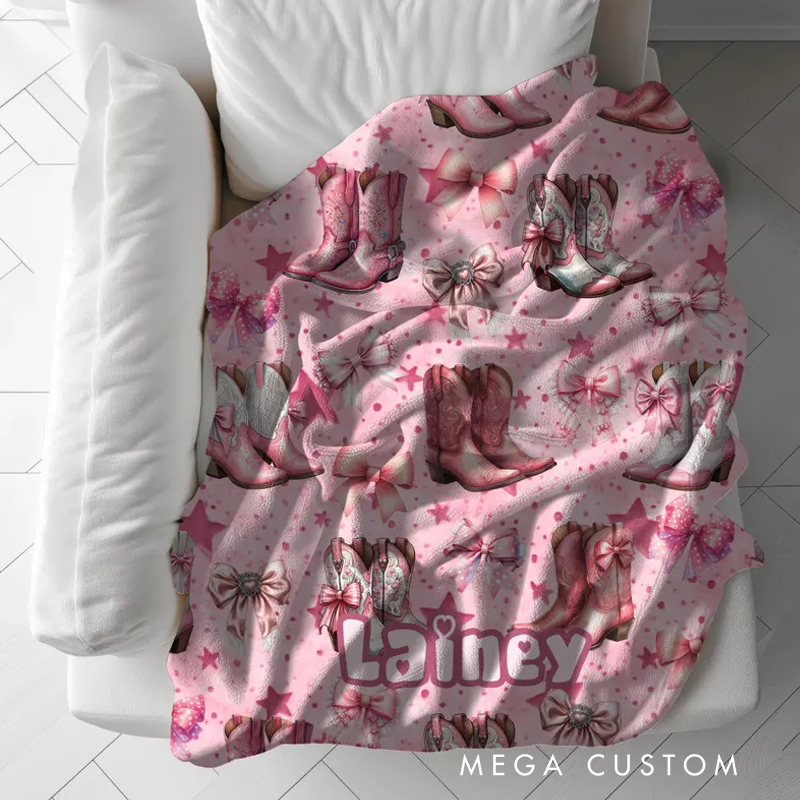 Personalized Pink Coquette Cowgirl Blanket Boots & Bows Pastel Western Custom Name Gift