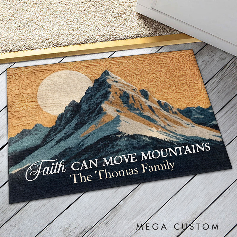 Personalized Faith can Move Mountains Doormat with Custom Family Name Non-Slip Durable Front Door Decor Religious Gift for Faithful Family