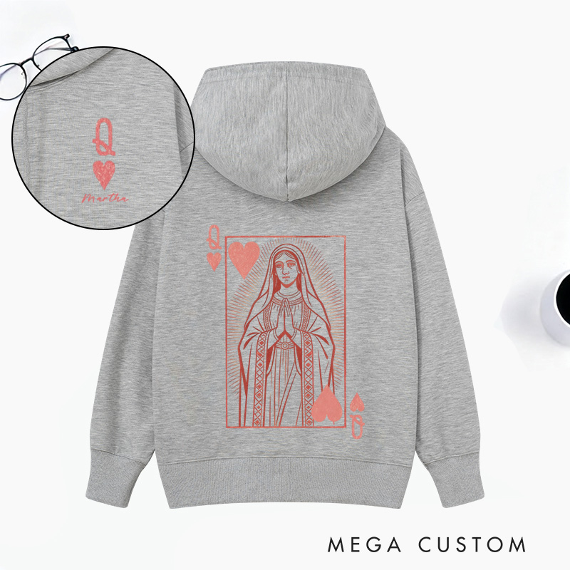 Personalized Virgin Mary Classic Queen of Hearts Hoodies with Custom Name Funny Valentines Day Sweatshirt Valentine Day Gift for Her