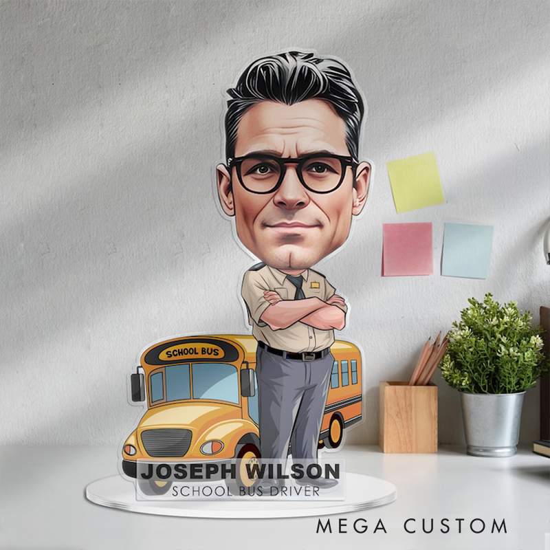 Personalized School Bus Driver Acrylic Figurine Custom Cartoon Portrait Desk Nameplate Funny Caricature Plaque Gift For Teacher Dad Or Coworker