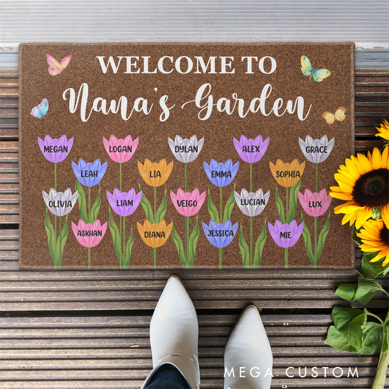 Personalized Welcome to Nana's House Doormat Custom Tulip Welcome Mat with Name for Gardening Lover Family Grandma