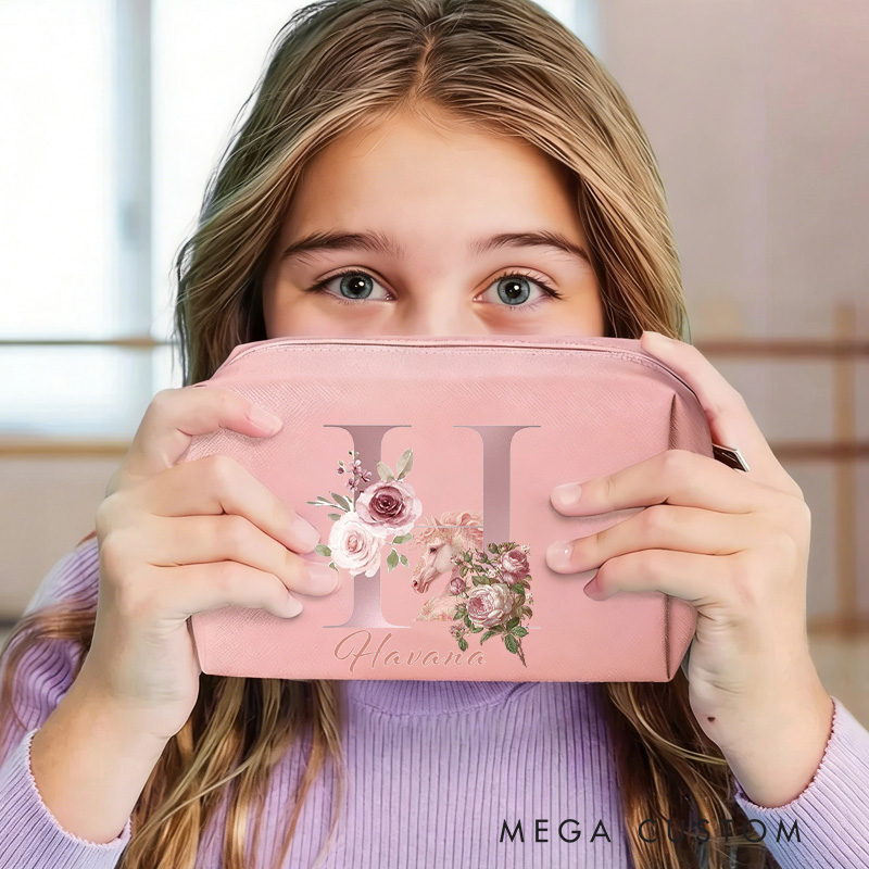 Personalized Initials Horse Makeup Tool Organizer Toiletry Bag Custom Name for Kids Travel Gifts and Daily Use Weekender Back To School Gift for Girls Riding Lovers Equestrian Lovers
