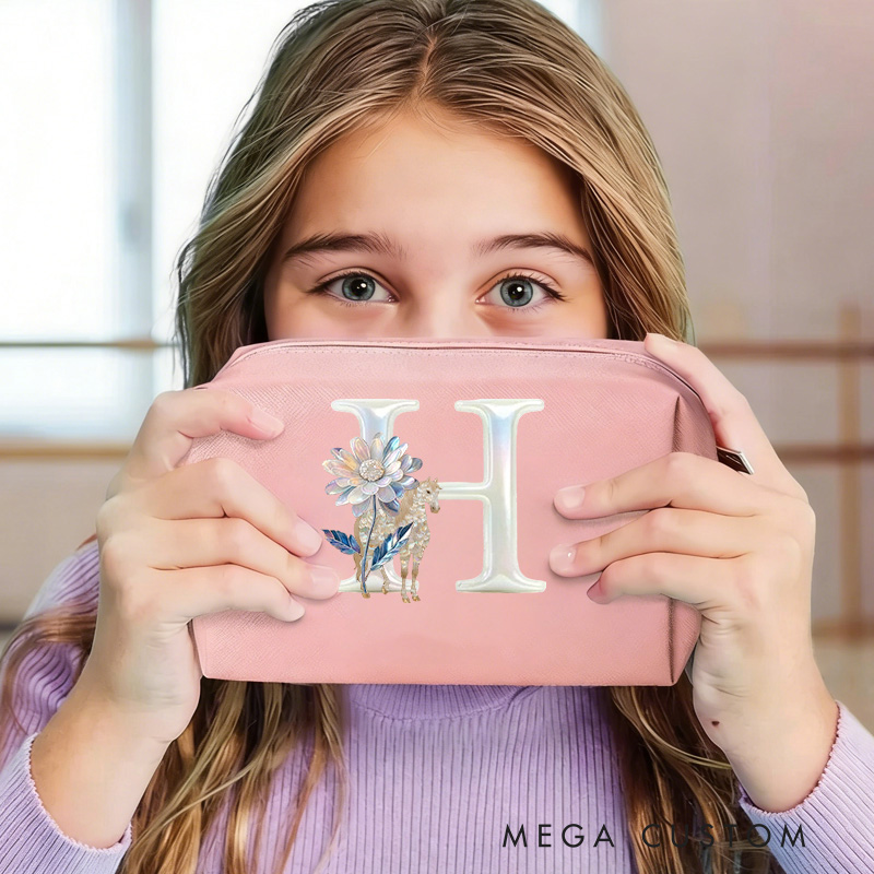 Personalized Initials Horse Makeup Tool Organizer Toiletry Bag Custom Name for Kids Travel Gifts and Daily Use Weekender Back To School Gift for Girls Riding Lovers Equestrian Lovers