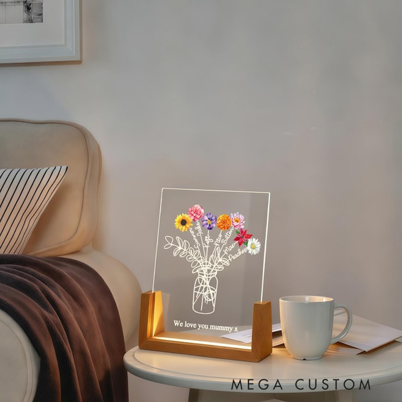 Personalized Family Bouquet Night Light Mothers Day Gift Mum's Bunch with Kids Name Birth Flower Lamp Gift for Mom 