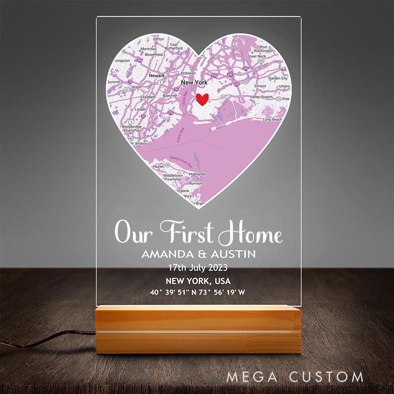 Personalized First Home Heart Map Plaque Custom LED Night Light for Couples Valentine’s Day Gift Housewarming Gift