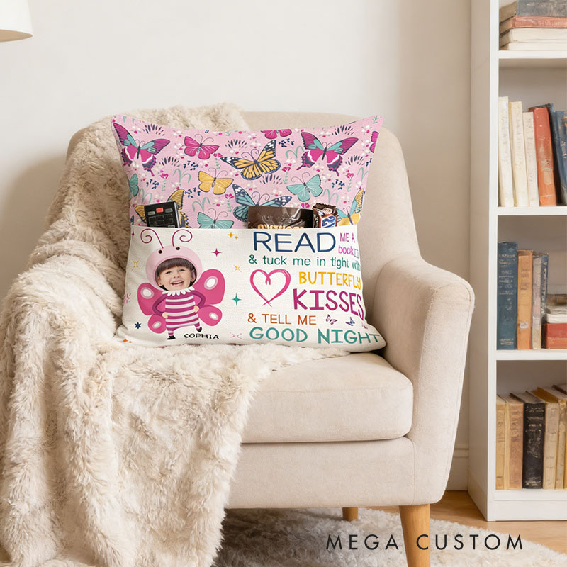 Personalized Photo Book And Butterfly Kisses Pocket Pillow with Name for Bookish Kids Book Lover Reading Lover