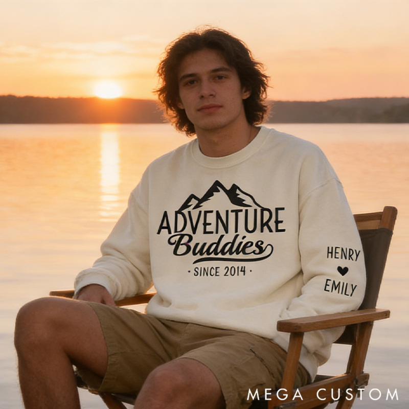 Personalized Adventure Buddies For Life Classic Sweatshirt with Sleeve Design-Perfect Gift for Adventure Lovers, Anniversaries, Valentines and Holidays