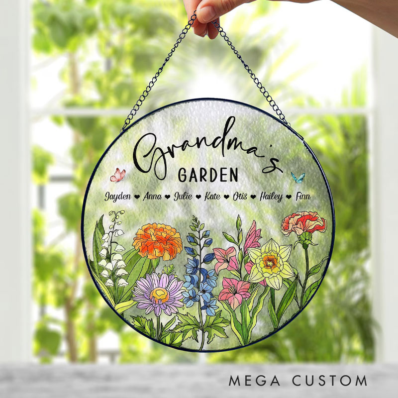 Personalized Birth Flowers Glass Art Suncatcher Grandma's Garden Gift with Name for Gardening Lovers