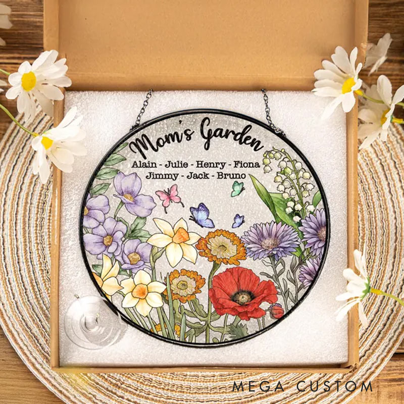 Personalized Birth Flowers Grandma's Garden Stained Glass Suncatcher with Name for Gardening Lovers
