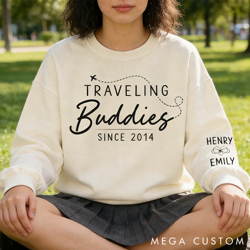 Personalized Traveling Together Classic Sweatshirt with Sleeve Design-Perfect Gift for Adventure Lovers, Anniversaries, Valentines and Holidays