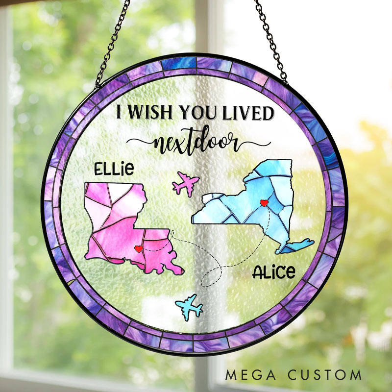 Personalized Long Distance Friendship Stained Glass Suncatcher Two Countries Ornament for Traveling Lovers 