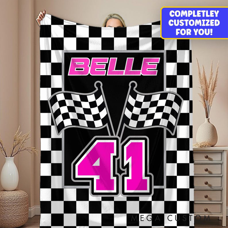 Personalized Racing Gifts Custom Name and Number Blanket with Checkerboard Flag Design Black and White Throw for Racing and Car Lovers