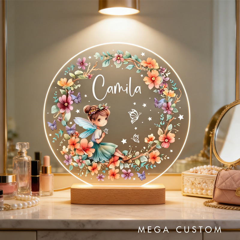 Personalized Fairy LED Night Light Floral Butterfly Lamp with Name for Kids Girls Gardener Floral Light Gardening Gift