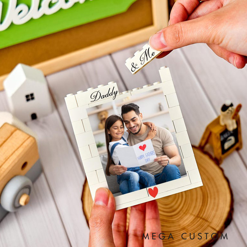 Personalised Daddy & Me Brick Photo Block Pencil Pot Brick-Inspired Organizer Customized Photo Block Pencil Holder Gifts for Dad Kids Children Student