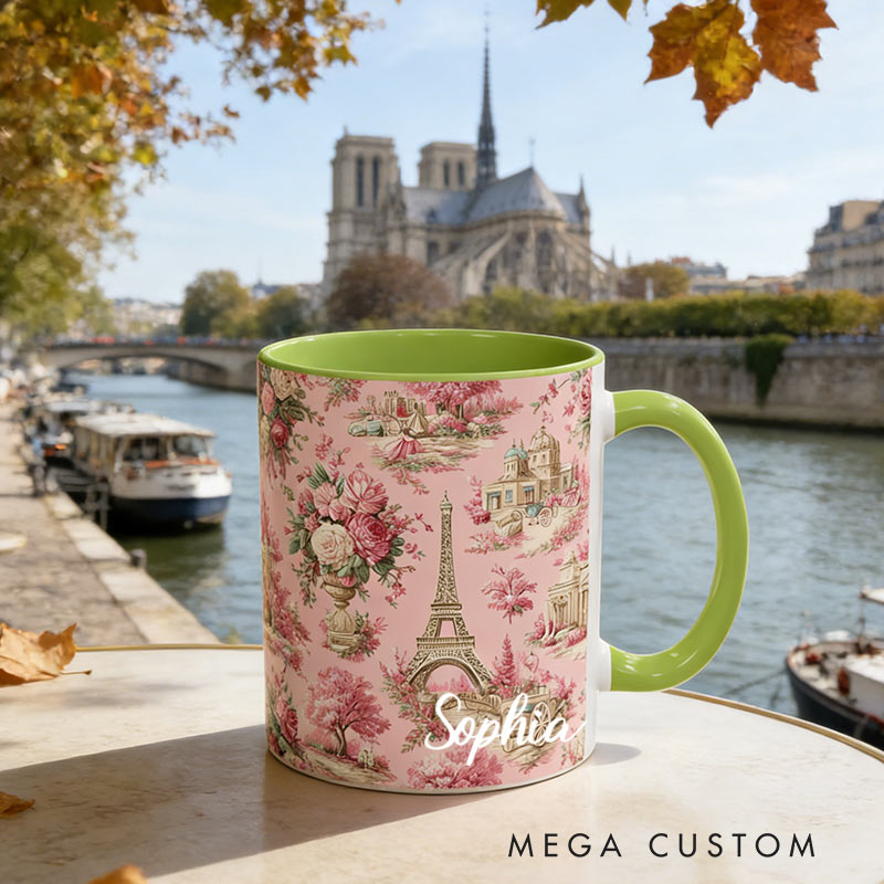Personalized Pink Paris Toile Mug Eiffel Tower Chinoiserie Coffee Cup for Traveling Lovers
