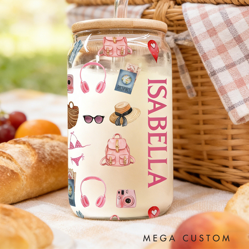 Personalized Just a Girl Who Loves Traveling Glass Tumbler Custom Clear Glass Cup with Lid and Straw for Traveling Lover Girls