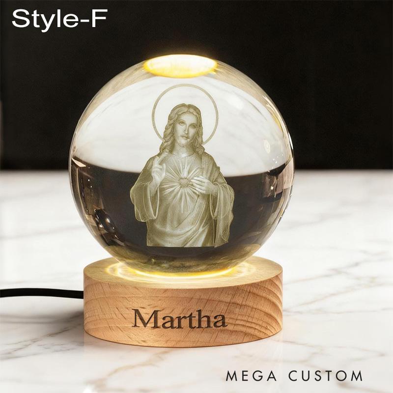Personalized Cross 3D Engraved Crystal Ball Night Light With Custom Text in Wooden Base Home Decor Jesus Night Lamp Religious Gift Christmas Gift