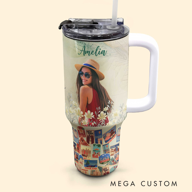 Personalized Photo Travel Tumbler Photo 40oz Tumbler With Straw and Name for Traveling Lover