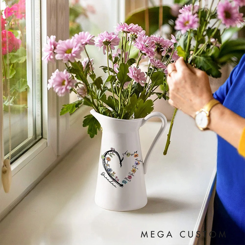 Personalized Names & Birth Flowers Vase with Heart Woman's Ceramic Vase Home Decor Mother's Day Birthday Gift for Mom Grandma