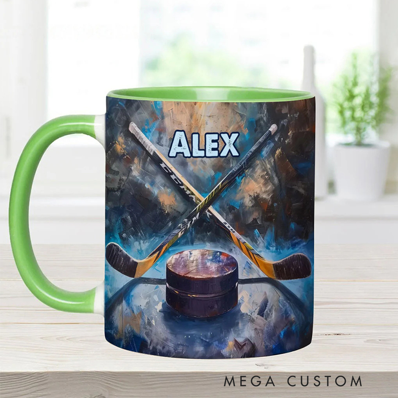 Personalized Ice Hockey Mug with Artistic Stick and Puck Design for Ice Hockey Enthusiasts