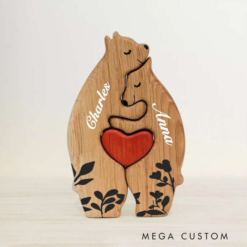 Personalized Wooden Bear Family Puzzle with 2-8 Names & Red Heart, Family Home Decor Family Keepsake Gift Birthday Christmas Gift for Parents Grandma