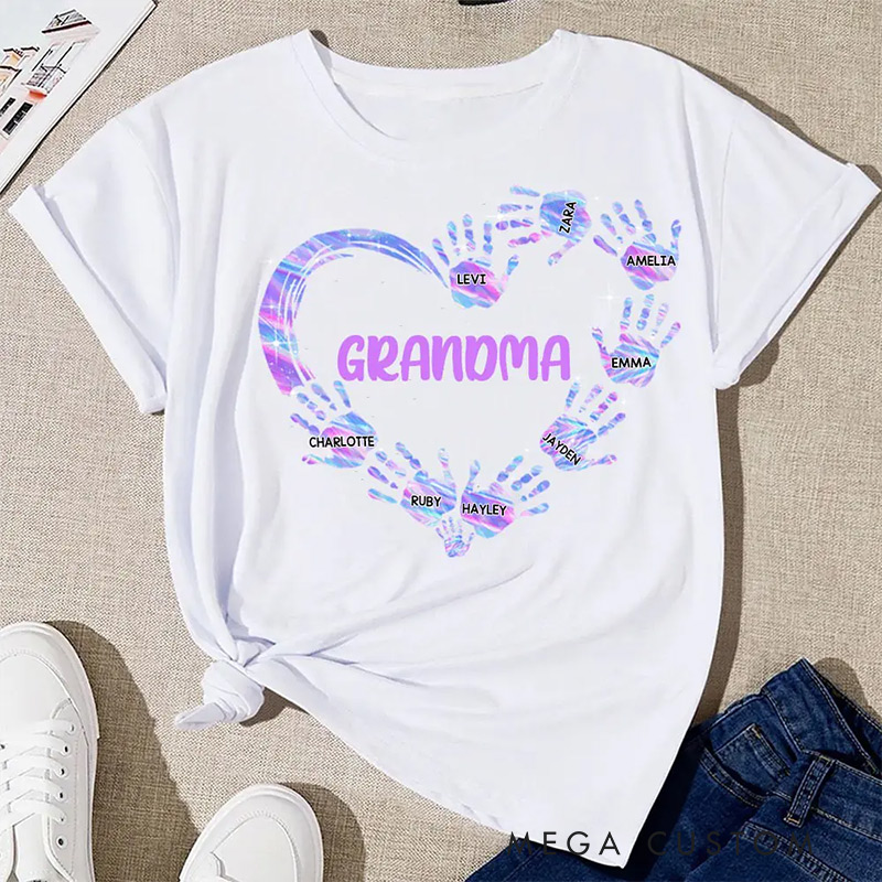 Personalized Colorful Heart Hand Print Shirt Custom Mom Grandma Shirt Grandma Heart And Hand Print Shirt Birthday Mother's Day Gift for Mom Grandma
