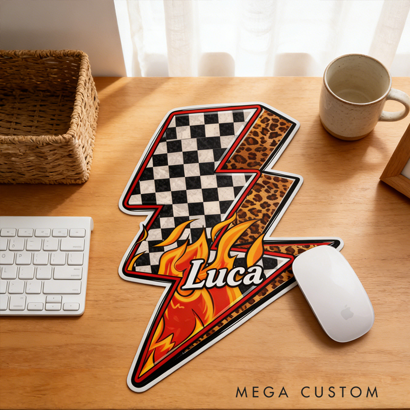 Personalized Racing Gifts Custom Name Lightning Shaped Mouse Pad with Checkerboard and Flame Design for Car Lovers