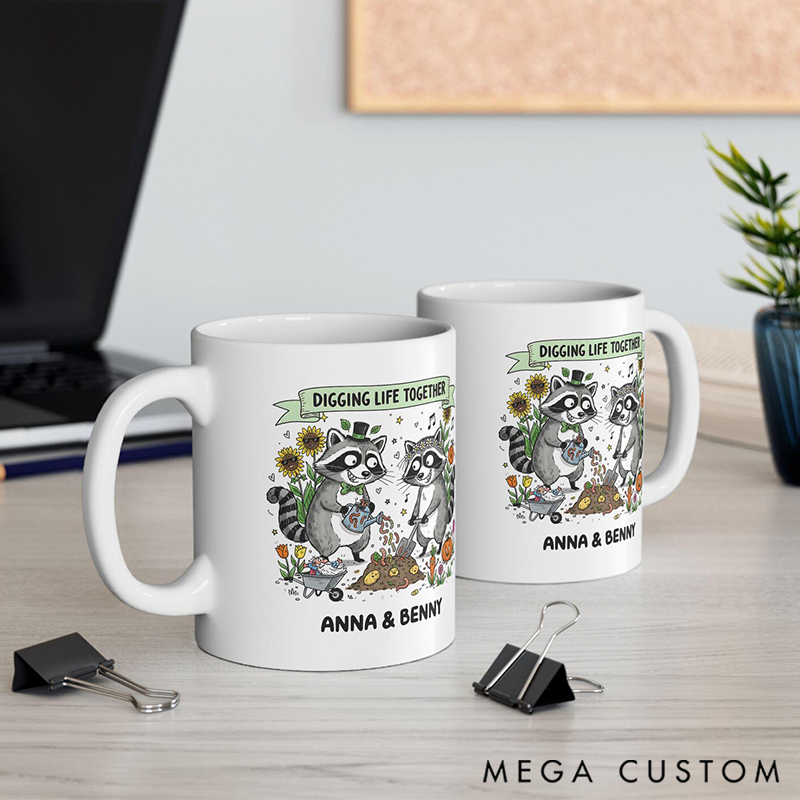 Personalized Raccoon Couple Gardening Mug with Names Cute Animal Love Illustration Custom Romantic Mug Valentine’s Day Gift
