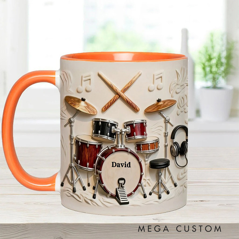 Personalized 2D Flat Name Awsome Drumer Accent Mug Custom Drum Themed Mug for Music Lovers