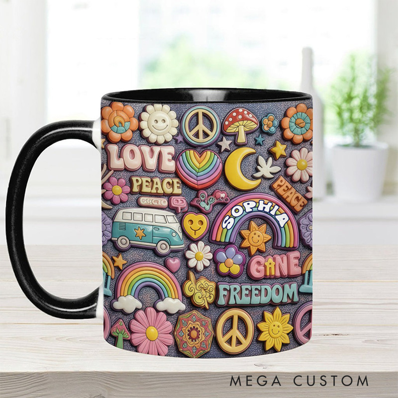 Personalized 2D Flat Hippie Living In Peace Mug Custom Name Colorful Hippie Car Hippie Coffee Mug Bohemian Coffee Mug