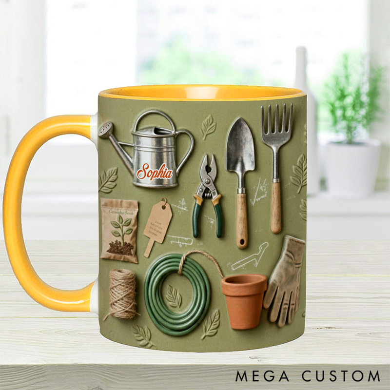 Personalized Gardening Accent Mug Adorned with 3D Tool Embellishments Custom Name Engraved Mug for Avid Garden Lovers