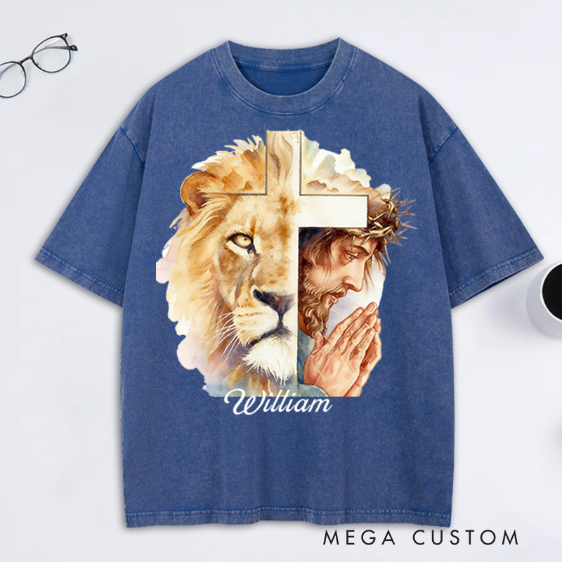 Personalized Man of God Lion of Judah Washed T-Shirt with Custom Name Jesus Tee Religious Gift Christian Gift for Men