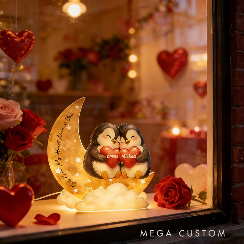Personalized God Knew My Heart Needed You Penguin Couple Heart Star Moon Acrylic LED Night Light with Name and Text Valentine's Day Gift for Couple