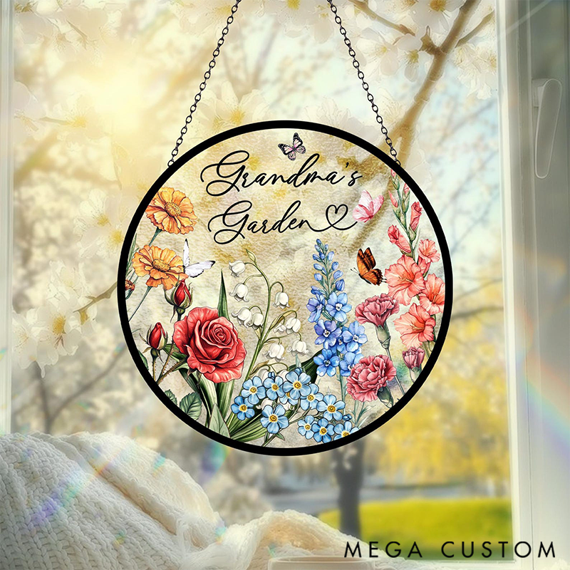 Personalized Family Birth Flowers Glass Suncatcher Home Decor with Name for Gardening Lovers Mother's Day Gift