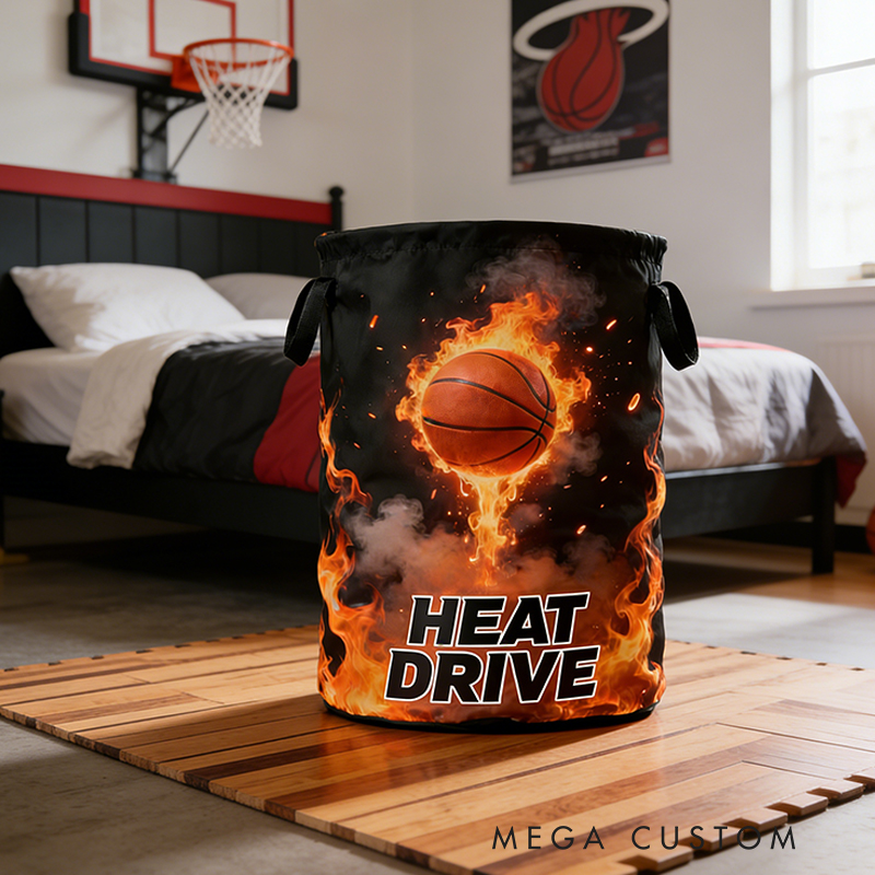 Personalized Flaming Basketball Storage Basket with Custom Text for Basketball Fans