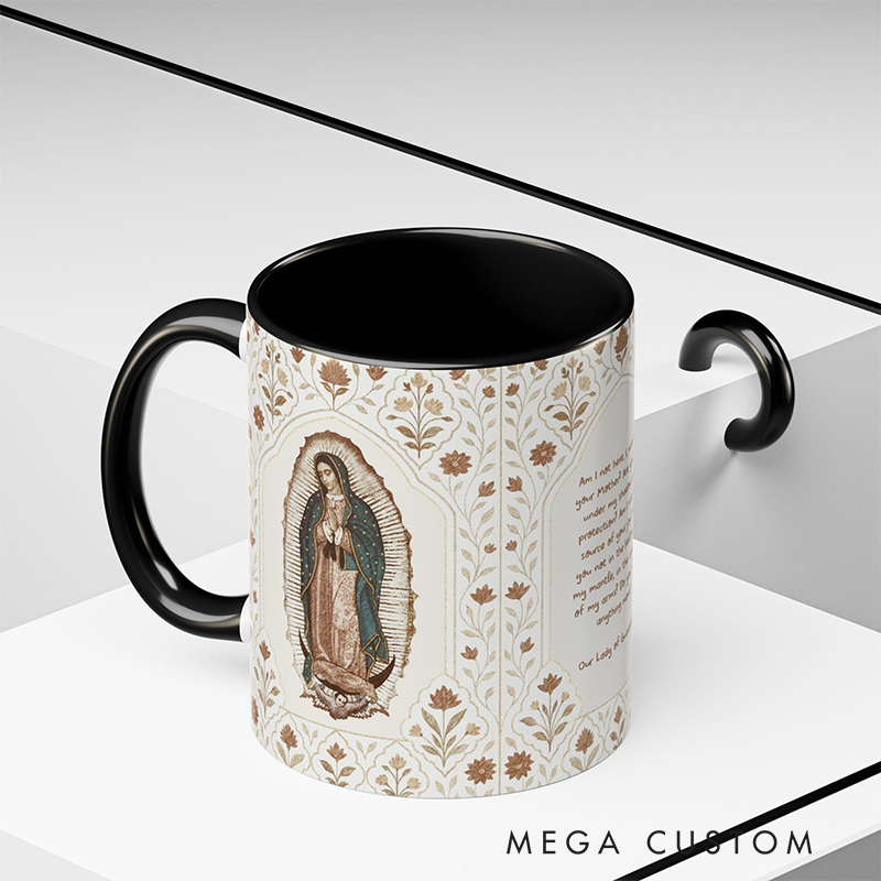 Personalized Our Lady of Guadalupe Accent 11oz Ceramic Mug with Custom Name Guadalupana Virgin Mary Catholic Coffee Cup Catholic  Gift for Women