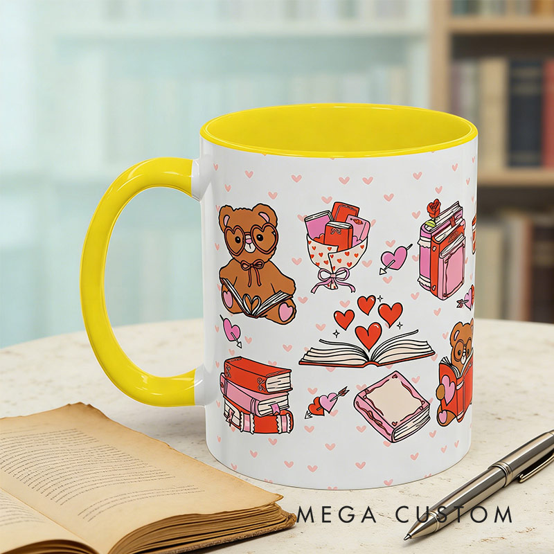 Personalized Bookish Valentines Day Mug Cute Bear Reading Mug Romantasy Book Club Gifts for Reading Lovers