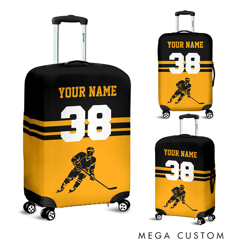 Personalized Hockey Luggage Cover with Custom Name Number and Colors for traveling and Hockey Lovers
