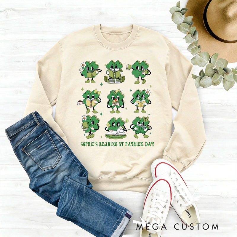 Personalized Shamrock Book Sweatshirt Lucky Book Sweatshirt with Name t Patrick Day Sweatshirt Gift for Librarian Book Lover Irish Friends Gift