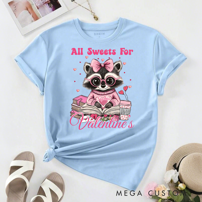 Personalized Raccoon All Sweets For Valentine Book Classic T-Shirts Xoxo Tee for Librarian Shirt with Name Valentines Day Gift for Book Lover Girlfriend Wife Women