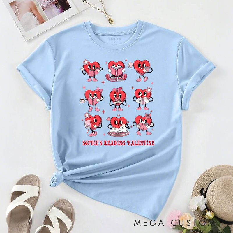 Personalized Bookish Heart Classic T-Shirts Red Reading Heart Tee Librarian Shirt with Name Valentines Day Gift for Book Lover Girlfriend Wife Women