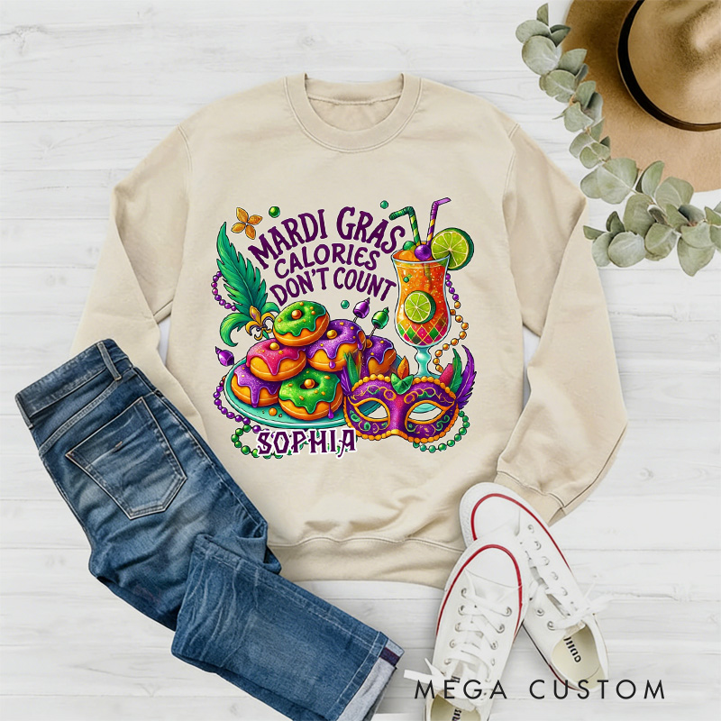 Personalized Mardi Gras Calories Don't Count Donut Coquette Sweatshirt with Name Mardi Mask Bead Shirt Gift for Women Her