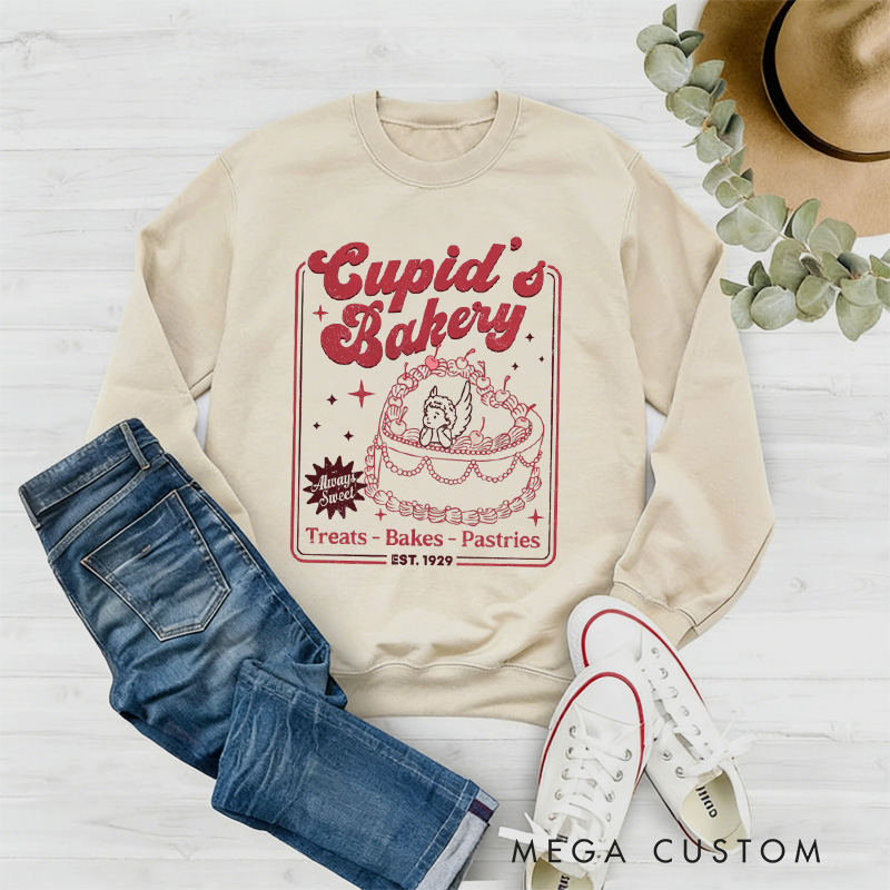 Personalized Cupid's Bakery Sweatshirt with Name Always Sweet Cake Sweatshirt Treats Bakes Pastries Shirt Valentine's Day Gift for Women Baking Lover Her
