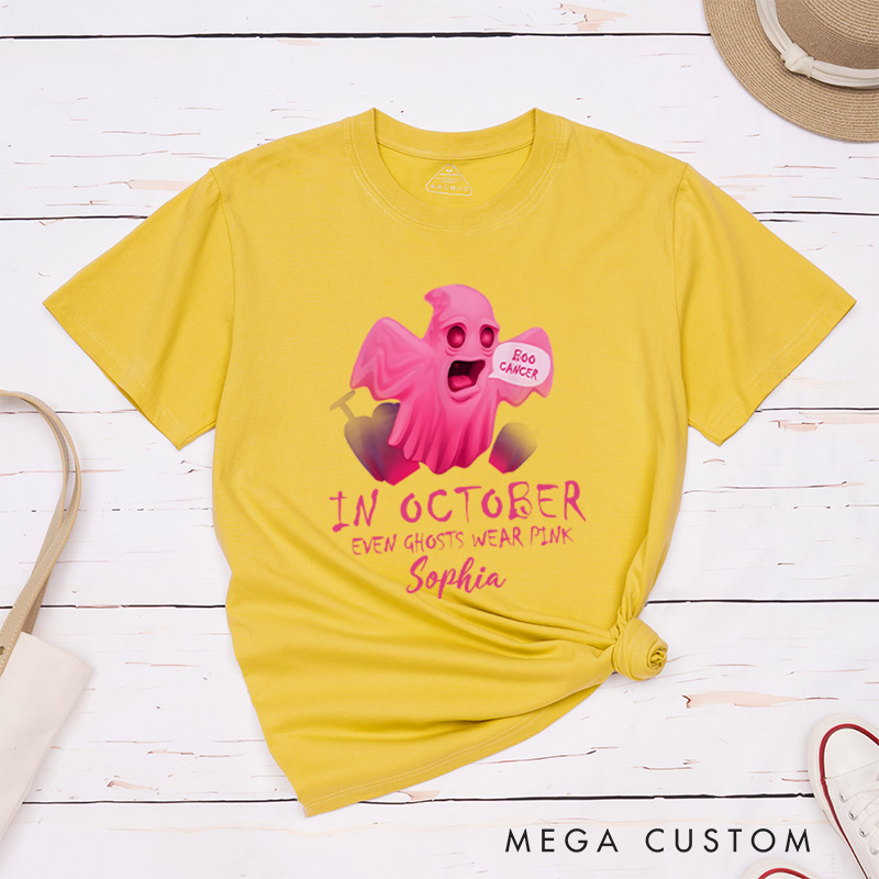Personalized Breast Cancer Awareness T-Shirt in October Even Ghosts Wear Pink Cancer Support Gift Halloween Gift